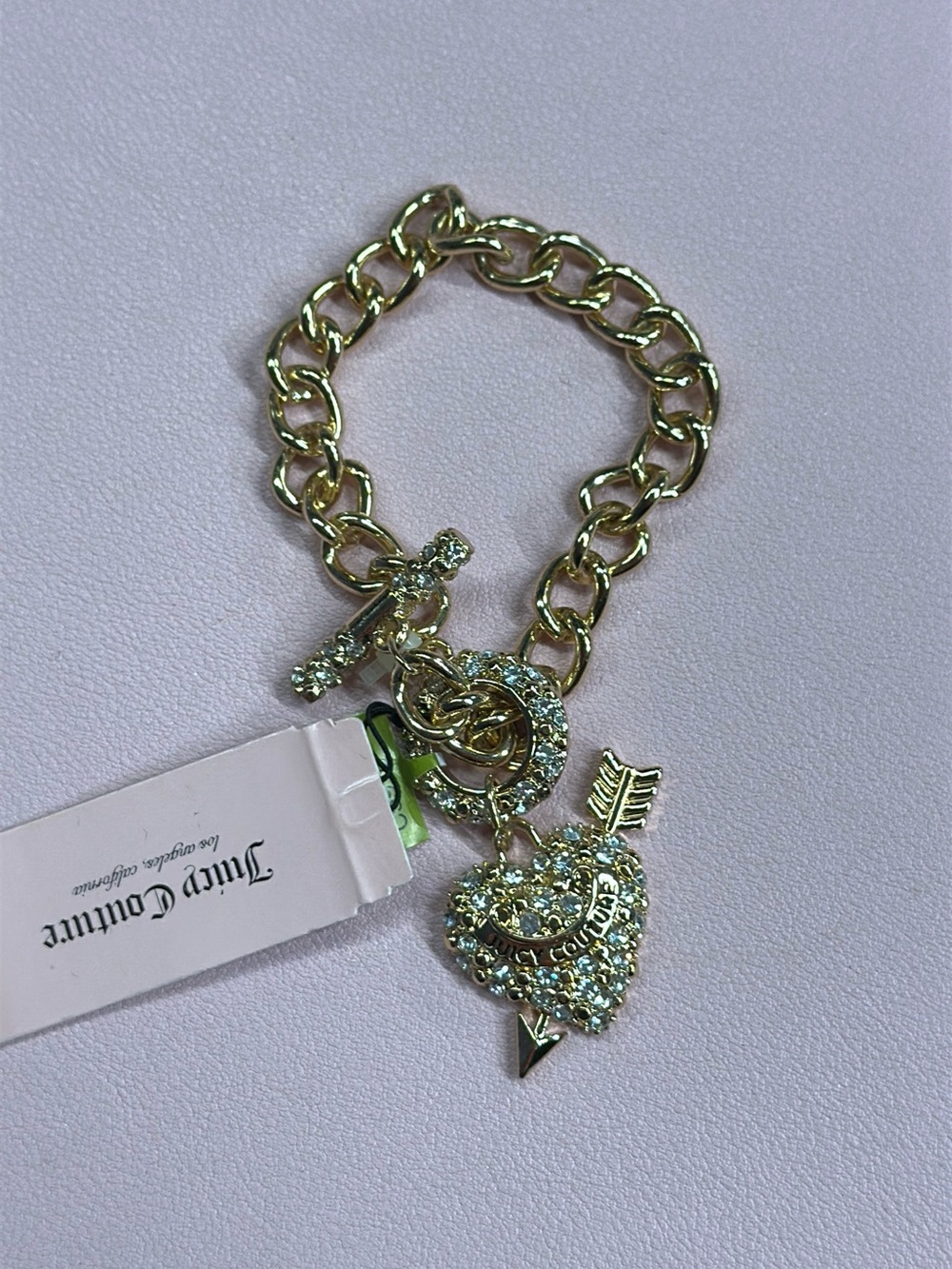 Juicy Couture Gold Crystal Heart & Arrow Charm Link Bracelet